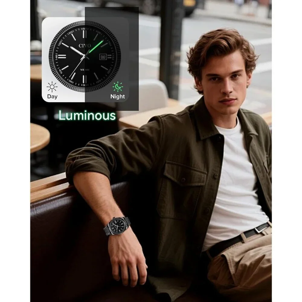 Men's Black Stainless Steel Hook Buckle Analog Comfortable Stylish Wrist Watch
